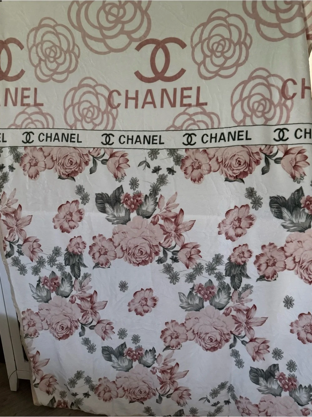 CC Fashion Floral Logo Blanket - Pink & Gray Roses Chanel Throw WITH BOX